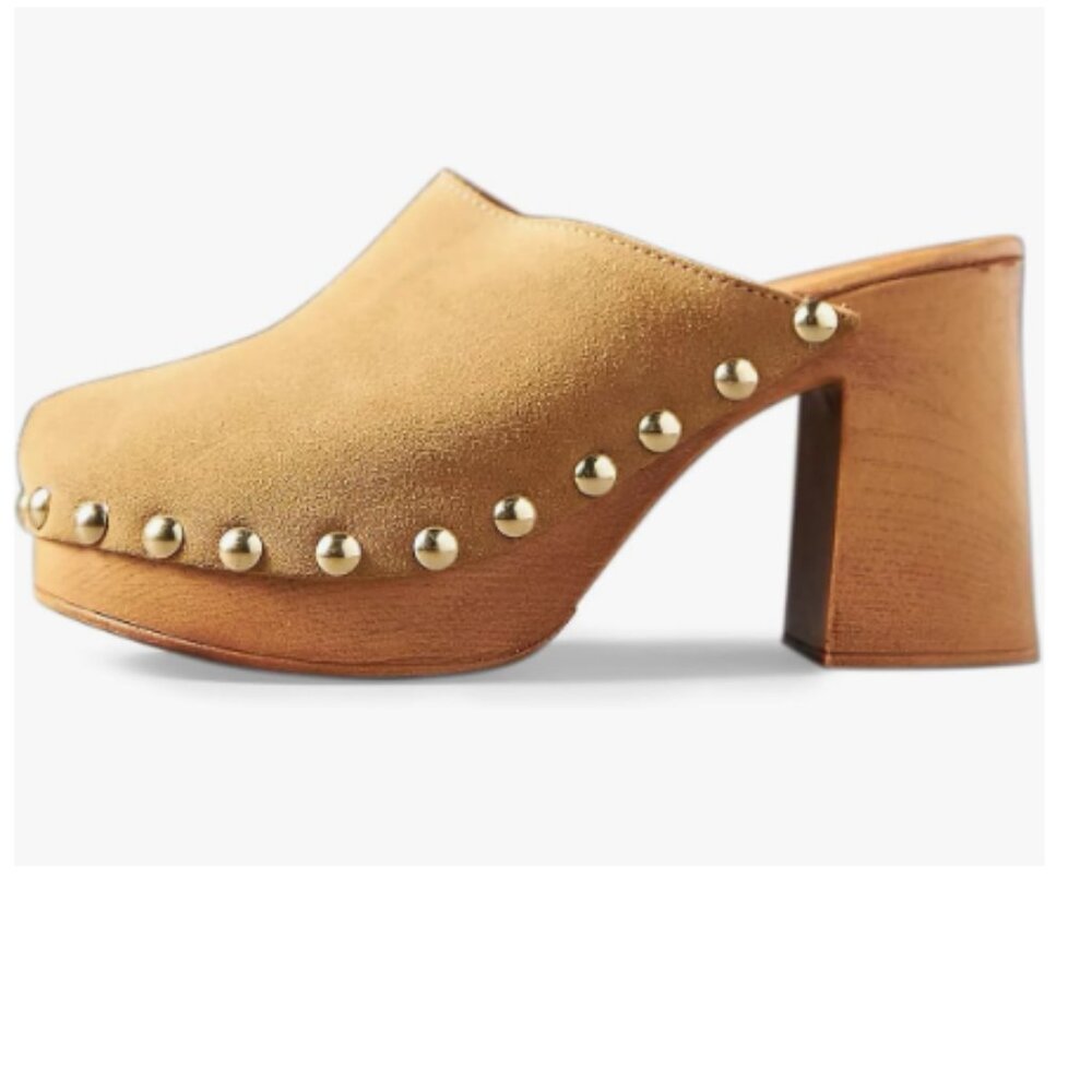 YDN Khaki Platform Slip On Clogs Mules Cork High Heel Round Toe Rivet Sandals